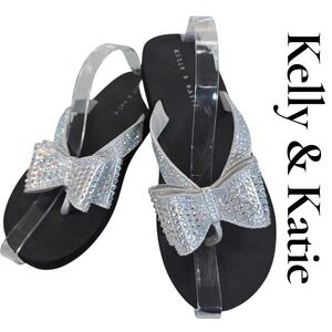 Kelly & Katie Silver Rhinestone Bow Flip Flops Black Wedge Sandals 9M/40